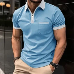 New OUKU Men's Polo Shirt Golf Shirt Casual Holiday Lapel Quarter Zip Short Sleeve Fashion Basic Plain Quarter Zip Summer Regular Fit Black White Red Dark Navy Blue Green Polo Shirt
