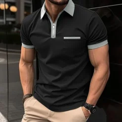 New OUKU Men's Polo Shirt Golf Shirt Casual Holiday Lapel Quarter Zip Short Sleeve Fashion Basic Plain Quarter Zip Summer Regular Fit Black White Red Dark Navy Blue Green Polo Shirt