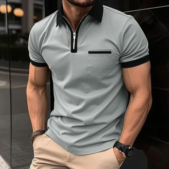 New OUKU Men's Polo Shirt Golf Shirt Casual Holiday Lapel Quarter Zip Short Sleeve Fashion Basic Plain Quarter Zip Summer Regular Fit Black White Red Dark Navy Blue Green Polo Shirt