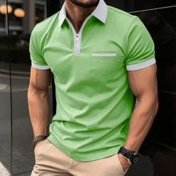 New OUKU Men's Polo Shirt Golf Shirt Casual Holiday Lapel Quarter Zip Short Sleeve Fashion Basic Plain Quarter Zip Summer Regular Fit Black White Red Dark Navy Blue Green Polo Shirt
