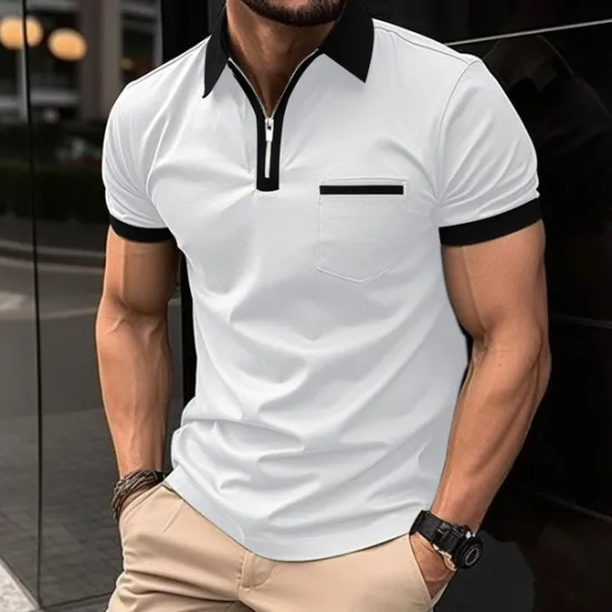New OUKU Men's Polo Shirt Golf Shirt Casual Holiday Lapel Quarter Zip Short Sleeve Fashion Basic Plain Quarter Zip Summer Regular Fit Black White Red Dark Navy Blue Green Polo Shirt