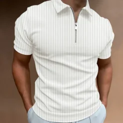 Online OUKU Men's Polo Shirt Golf Shirt Casual Going out Quarter Zip Short Sleeve Sports Designer Striped Solid Colored Zipper Summer Slim Black White Navy Blue Khaki Light Blue Gray Polo Shirt