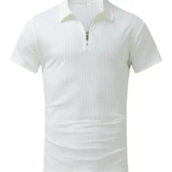Online OUKU Men's Polo Shirt Golf Shirt Casual Going out Quarter Zip Short Sleeve Sports Designer Striped Solid Colored Zipper Summer Slim Black White Navy Blue Khaki Light Blue Gray Polo Shirt