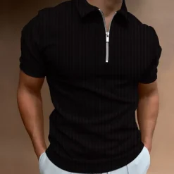 Online OUKU Men's Polo Shirt Golf Shirt Casual Going out Quarter Zip Short Sleeve Sports Designer Striped Solid Colored Zipper Summer Slim Black White Navy Blue Khaki Light Blue Gray Polo Shirt
