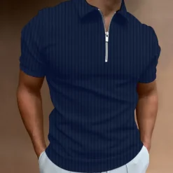 Online OUKU Men's Polo Shirt Golf Shirt Casual Going out Quarter Zip Short Sleeve Sports Designer Striped Solid Colored Zipper Summer Slim Black White Navy Blue Khaki Light Blue Gray Polo Shirt