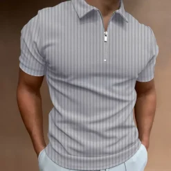 Online OUKU Men's Polo Shirt Golf Shirt Casual Going out Quarter Zip Short Sleeve Sports Designer Striped Solid Colored Zipper Summer Slim Black White Navy Blue Khaki Light Blue Gray Polo Shirt