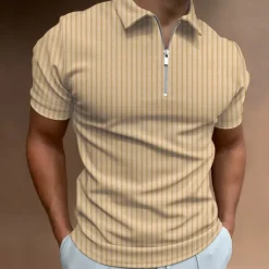 Online OUKU Men's Polo Shirt Golf Shirt Casual Going out Quarter Zip Short Sleeve Sports Designer Striped Solid Colored Zipper Summer Slim Black White Navy Blue Khaki Light Blue Gray Polo Shirt