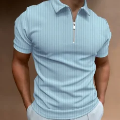 Online OUKU Men's Polo Shirt Golf Shirt Casual Going out Quarter Zip Short Sleeve Sports Designer Striped Solid Colored Zipper Summer Slim Black White Navy Blue Khaki Light Blue Gray Polo Shirt
