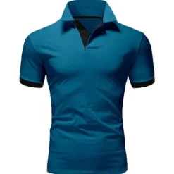 OUKU Men's Polo Shirt Golf Shirt Street Casual Polo Collar Classic Short Sleeve Fashion Designer Color Block Patchwork Button Front Spring & Summer Regular Fit Lake blue Black White Yellow Pink Blue Polo