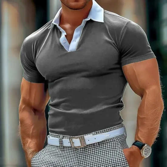 OUKU Men's Polo Shirt Golf Shirt Casual Holiday Lapel Short Sleeve Fashion Basic Color Block Patchwork Summer Regular Fit Navy Blue Dark Green Gray Polo Shirt