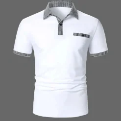 OUKU Men's Polo Shirt Golf Shirt Date Vacation Lapel Button Short Sleeves Fashion Plaid / Striped / Chevron / Round Solid / Plain Color Summer Dry-Fit Black White Navy Blue Sky Blue Polo Shirt