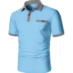 OUKU Men's Polo Shirt Golf Shirt Date Vacation Lapel Button Short Sleeves Fashion Plaid / Striped / Chevron / Round Solid / Plain Color Summer Dry-Fit Black White Navy Blue Sky Blue Polo Shirt