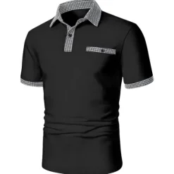 OUKU Men's Polo Shirt Golf Shirt Date Vacation Lapel Button Short Sleeves Fashion Plaid / Striped / Chevron / Round Solid / Plain Color Summer Dry-Fit Black White Navy Blue Sky Blue Polo Shirt