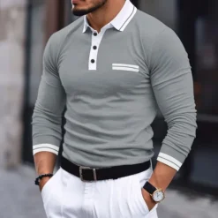 Outlet OUKU Men's Polo Shirt Golf Shirt Casual Holiday Lapel Long Sleeve Fashion Basic Color Block Patchwork Summer Regular Fit Dark Grey Burgundy Navy Blue Light Grey Polo Shirt