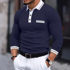 Outlet OUKU Men's Polo Shirt Golf Shirt Casual Holiday Lapel Long Sleeve Fashion Basic Color Block Patchwork Summer Regular Fit Dark Grey Burgundy Navy Blue Light Grey Polo Shirt
