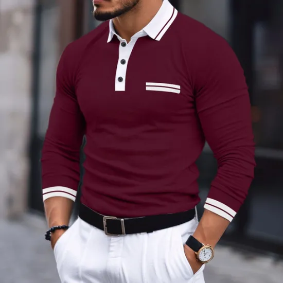 Outlet OUKU Men's Polo Shirt Golf Shirt Casual Holiday Lapel Long Sleeve Fashion Basic Color Block Patchwork Summer Regular Fit Dark Grey Burgundy Navy Blue Light Grey Polo Shirt