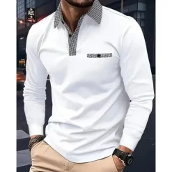 Sale OUKU Men's Polo Shirt Golf Shirt Casual Sports Lapel Long Sleeve Fashion Basic Color Block Houndstooth Patchwork Button Spring & Fall Regular Fit White Red Navy Blue Khaki Light Blue Polo Shirt