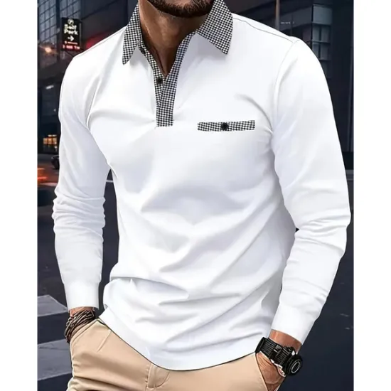 Sale OUKU Men's Polo Shirt Golf Shirt Casual Sports Lapel Long Sleeve Fashion Basic Color Block Houndstooth Patchwork Button Spring & Fall Regular Fit White Red Navy Blue Khaki Light Blue Polo Shirt