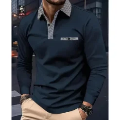 Sale OUKU Men's Polo Shirt Golf Shirt Casual Sports Lapel Long Sleeve Fashion Basic Color Block Houndstooth Patchwork Button Spring & Fall Regular Fit White Red Navy Blue Khaki Light Blue Polo Shirt