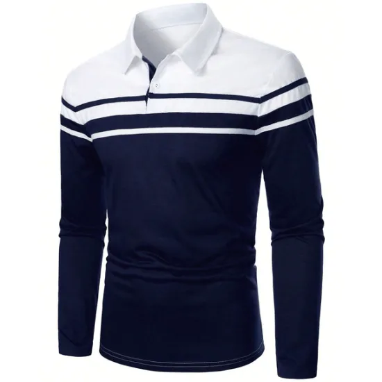 OUKU Men's Polo Shirt Golf Shirt Casual Holiday Lapel Classic Long Sleeve Fashion Basic Color Block Button Summer Regular Fit Navy Black Red Dark Navy Polo Shirt