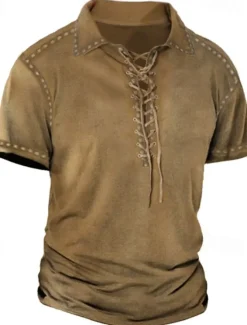 OUKU Men's Polo Shirt Golf Shirt Casual Holiday Lapel Short Sleeve Fashion Basic Plain Lace up Summer Regular Fit Polo Shirt Brown