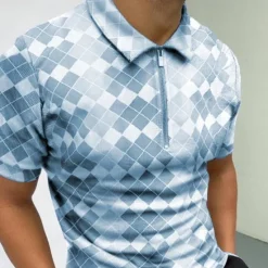Clearance OUKU Men's Polo Shirt Golf Shirt Casual Daily Turndown Quarter Zip Short Sleeve Sports Fashion Argyle Zipper Quarter Zip Spring & Summer Regular Fit Sky Blue Light Purple Light Grey Polo Shirt
