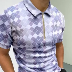 Clearance OUKU Men's Polo Shirt Golf Shirt Casual Daily Turndown Quarter Zip Short Sleeve Sports Fashion Argyle Zipper Quarter Zip Spring & Summer Regular Fit Sky Blue Light Purple Light Grey Polo Shirt
