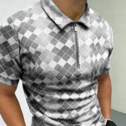 Clearance OUKU Men's Polo Shirt Golf Shirt Casual Daily Turndown Quarter Zip Short Sleeve Sports Fashion Argyle Zipper Quarter Zip Spring & Summer Regular Fit Sky Blue Light Purple Light Grey Polo Shirt