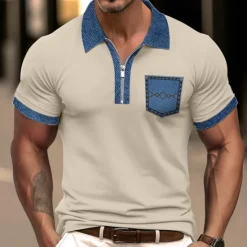 Sale OUKU Men's Polo Shirt Golf Shirt Casual Holiday Lapel Quarter Zip Short Sleeve Fashion Basic Color Block Quarter Zip Summer Regular Fit Light Blue Black White Khaki Light Grey Polo Shirt