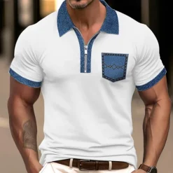 Sale OUKU Men's Polo Shirt Golf Shirt Casual Holiday Lapel Quarter Zip Short Sleeve Fashion Basic Color Block Quarter Zip Summer Regular Fit Light Blue Black White Khaki Light Grey Polo Shirt