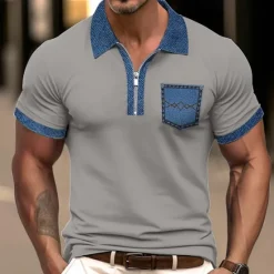 Sale OUKU Men's Polo Shirt Golf Shirt Casual Holiday Lapel Quarter Zip Short Sleeve Fashion Basic Color Block Quarter Zip Summer Regular Fit Light Blue Black White Khaki Light Grey Polo Shirt