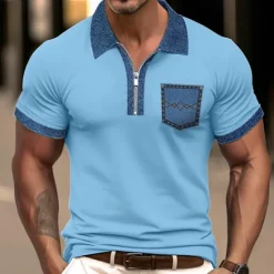 Sale OUKU Men's Polo Shirt Golf Shirt Casual Holiday Lapel Quarter Zip Short Sleeve Fashion Basic Color Block Quarter Zip Summer Regular Fit Light Blue Black White Khaki Light Grey Polo Shirt