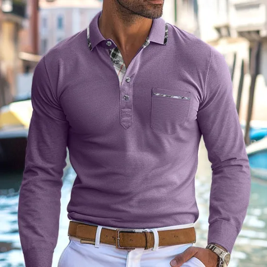 Discount OUKU Men's Polo Shirt Golf Shirt Work Casual Lapel Ribbed Polo Collar Short Sleeve Basic Modern Color Block Patchwork Button Spring & Summer Regular Fit Light Yellow Light Blue Lake blue Violet Ruby Red