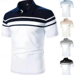 Sale OUKU Men's Polo Shirt Golf Shirt Outdoor Business Classic Short Sleeves Fashion Designer Color Block Striped Classic Style Summer Spring Regular Fit Black Navy Blue Blue Brown Green Gray Polo Shirt