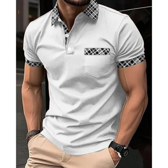 Best OUKU Men's Polo Shirt Golf Shirt Casual Holiday Lapel Short Sleeve Fashion Basic Plaid Color Block Patchwork Pocket Summer Regular Fit Light Blue White Orange Khaki Polo Shirt