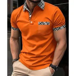 Best OUKU Men's Polo Shirt Golf Shirt Casual Holiday Lapel Short Sleeve Fashion Basic Plaid Color Block Patchwork Pocket Summer Regular Fit Light Blue White Orange Khaki Polo Shirt