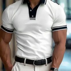New OUKU Men's Polo Shirt Golf Shirt Work Casual Ribbed Polo Collar Classic Short Sleeve Basic Modern Color Block Patchwork Button Spring & Summer Regular Fit White Sky Blue Mint Green Polo Shirt