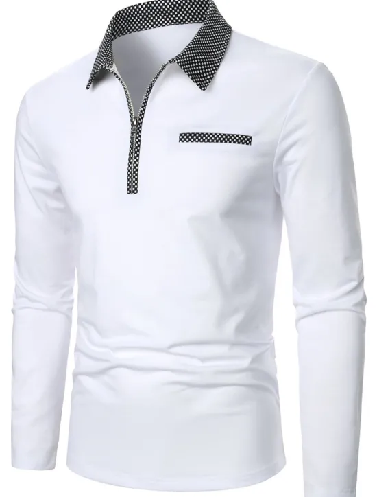 Hot OUKU Men's Polo Shirt Quarter Zip Polo Work Daily Wear Lapel Long Sleeve Fashion Comfortable Color Block Pocket Zip Up Summer Spring Regular Fit Polo Shirt White