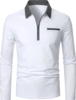 Hot OUKU Men's Polo Shirt Quarter Zip Polo Work Daily Wear Lapel Long Sleeve Fashion Comfortable Color Block Pocket Zip Up Summer Spring Regular Fit Polo Shirt White