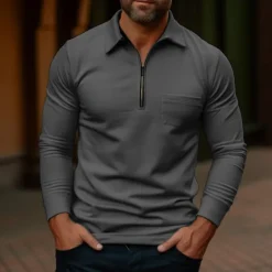 Outlet OUKU Men's Polo Shirt Quarter Zip Polo Work Daily Wear Lapel Long Sleeve Fashion Comfortable Plain Pocket Zip Up Summer Spring Regular Fit Yellow Navy Blue Dark Grey Army Green Polo Shirt