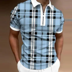 Outlet OUKU Men's Polo Shirt Quarter Zip Polo Casual Daily Turndown Quarter Zip Short Sleeve Sports Fashion Plaid Zipper Quarter Zip Spring & Summer Regular Fit Green Apricot Light Blue Polo Shirt