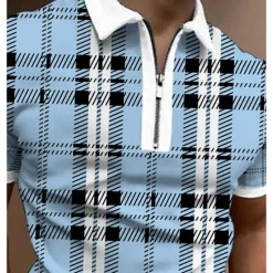 Outlet OUKU Men's Polo Shirt Quarter Zip Polo Casual Daily Turndown Quarter Zip Short Sleeve Sports Fashion Plaid Zipper Quarter Zip Spring & Summer Regular Fit Green Apricot Light Blue Polo Shirt