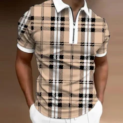 Outlet OUKU Men's Polo Shirt Quarter Zip Polo Casual Daily Turndown Quarter Zip Short Sleeve Sports Fashion Plaid Zipper Quarter Zip Spring & Summer Regular Fit Green Apricot Light Blue Polo Shirt