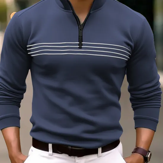 Clearance OUKU Men's Polo Shirt Quarter Zip Polo Daily Wear Vacation Quarter Zip Long Sleeve Fashion Comfortable Stripes Zip Up Spring & Fall Regular Fit Black Navy Blue Orange Brown Polo Shirt