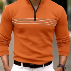 Clearance OUKU Men's Polo Shirt Quarter Zip Polo Daily Wear Vacation Quarter Zip Long Sleeve Fashion Comfortable Stripes Zip Up Spring & Fall Regular Fit Black Navy Blue Orange Brown Polo Shirt