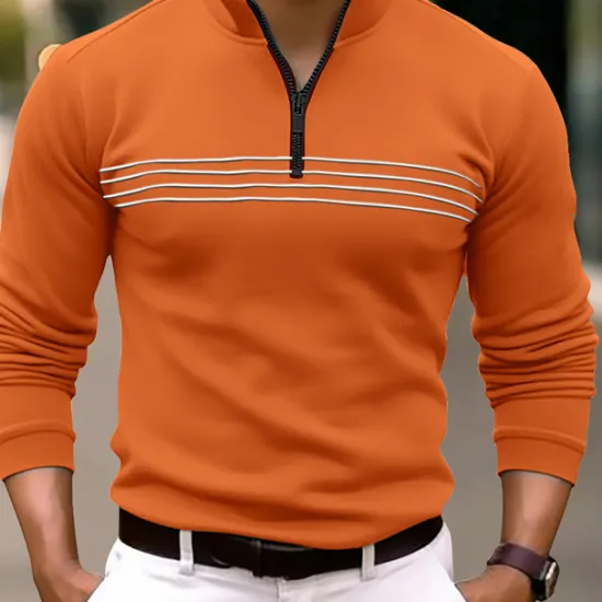 Clearance OUKU Men's Polo Shirt Quarter Zip Polo Daily Wear Vacation Quarter Zip Long Sleeve Fashion Comfortable Stripes Zip Up Spring & Fall Regular Fit Black Navy Blue Orange Brown Polo Shirt