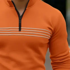Clearance OUKU Men's Polo Shirt Quarter Zip Polo Daily Wear Vacation Quarter Zip Long Sleeve Fashion Comfortable Stripes Zip Up Spring & Fall Regular Fit Black Navy Blue Orange Brown Polo Shirt