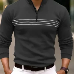 Clearance OUKU Men's Polo Shirt Quarter Zip Polo Daily Wear Vacation Quarter Zip Long Sleeve Fashion Comfortable Stripes Zip Up Spring & Fall Regular Fit Black Navy Blue Orange Brown Polo Shirt