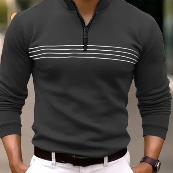 Clearance OUKU Men's Polo Shirt Quarter Zip Polo Daily Wear Vacation Quarter Zip Long Sleeve Fashion Comfortable Stripes Zip Up Spring & Fall Regular Fit Black Navy Blue Orange Brown Polo Shirt