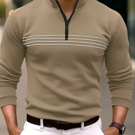 Clearance OUKU Men's Polo Shirt Quarter Zip Polo Daily Wear Vacation Quarter Zip Long Sleeve Fashion Comfortable Stripes Zip Up Spring & Fall Regular Fit Black Navy Blue Orange Brown Polo Shirt